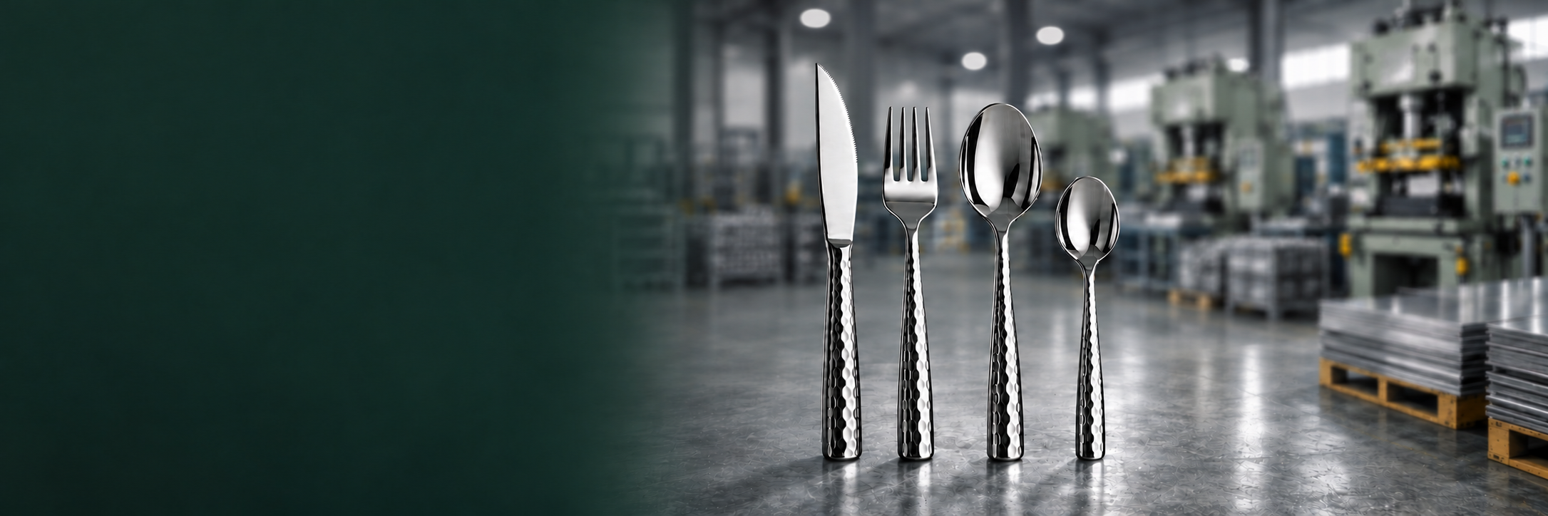 Sanli promotional illustration of silver flatware and industrial stamping machines