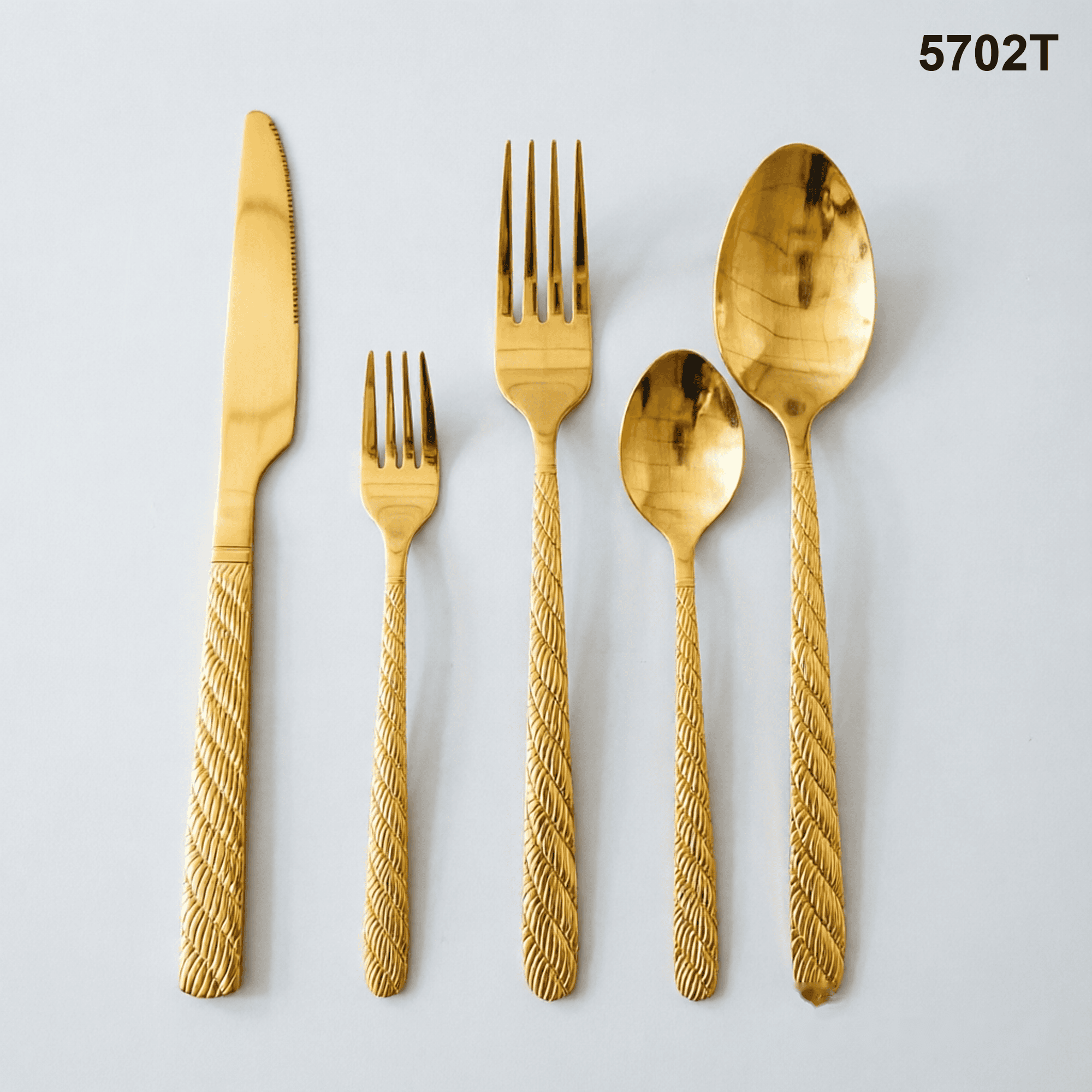 5702T repeating diagonal braided or rope-like texture running down the handles 20-piece flatware set