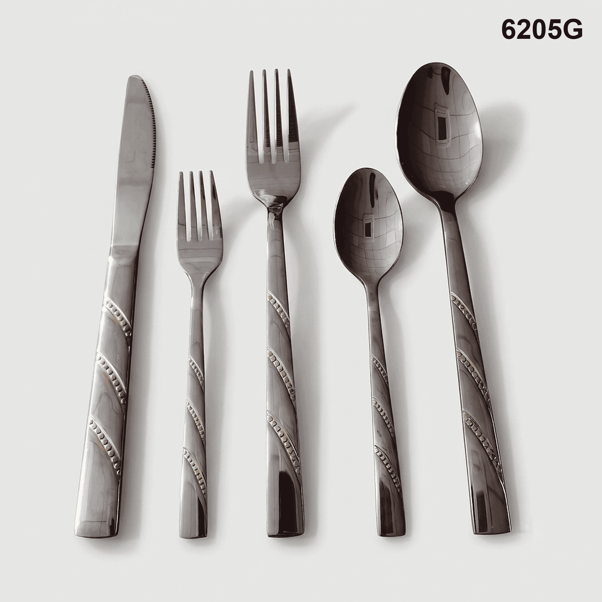 6205G diagonal gold-toned ribbon bands with dotted detail crossing a smooth silver-tone handle 20-piece flatware set