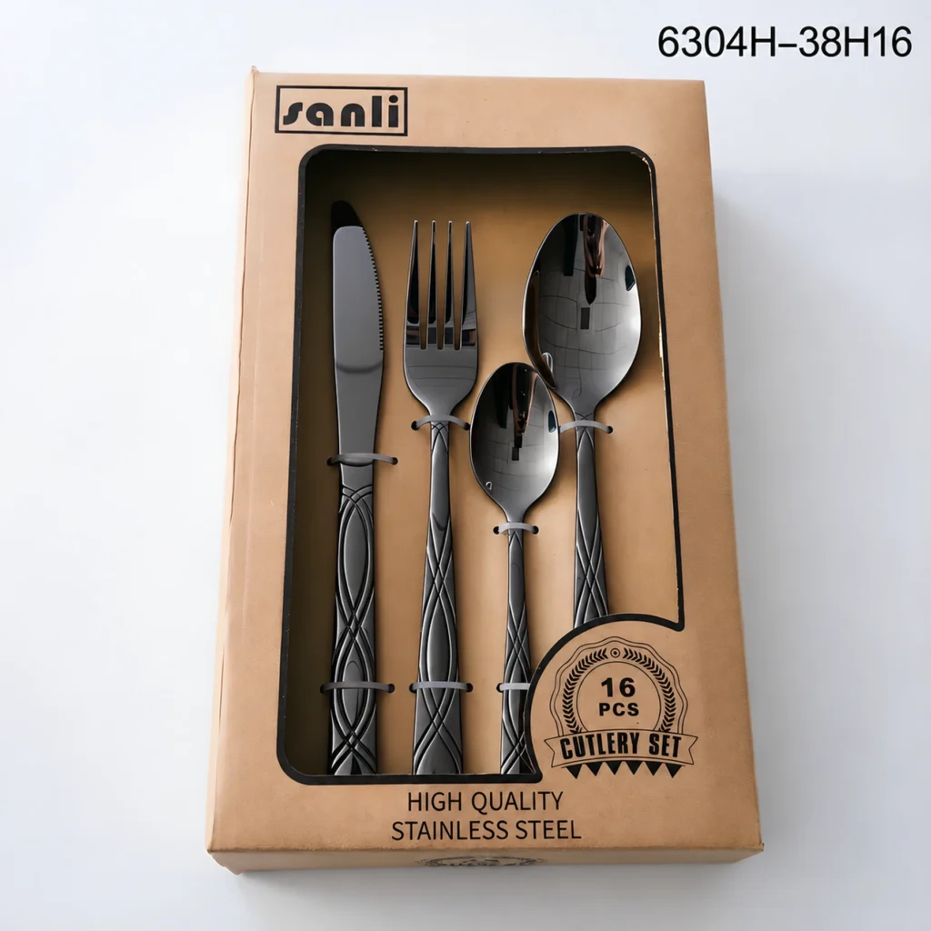 Sanli 6304H-38H16 black 16-piece flatware set packaging