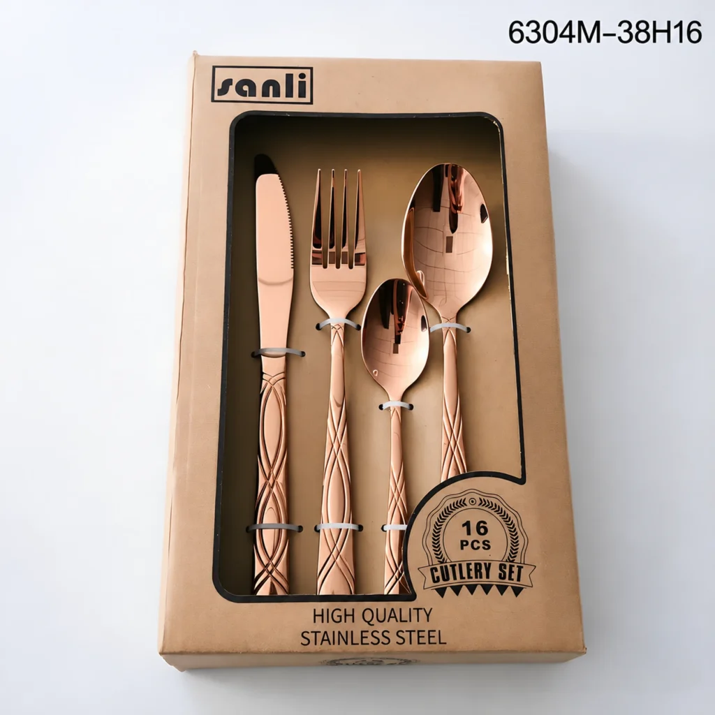 Sanli 6304M-38H16 rose gold 16-piece flatware set packaging